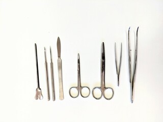 A row of surgical instruments is hanging on a white wall in the room