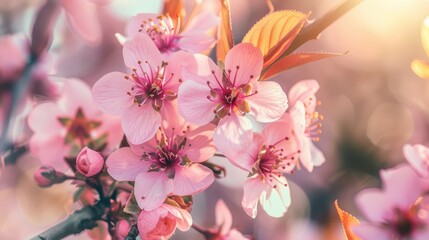 Obraz premium Beautiful pink cherry blossom flowers in full bloom on a sunny spring day with a soft green natural background