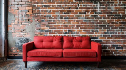 Comfortable couch against brick backdrop