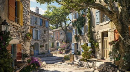 Fototapeta premium A charming Provencal village with narrow winding streets, stone houses adorned with colorful shutters, and a central square shaded by ancient plane trees.
