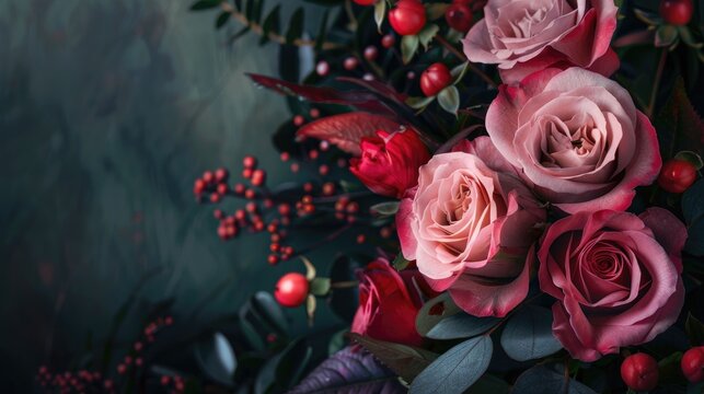 Close up of floral arrangement with roses and foliage Space for text