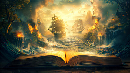 Obraz premium An open magic book with a fairy tale landscape in background