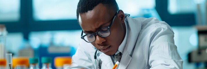 Focused African American medical student wearing glasses and a lab coat working in a laboratory. Science and medical education