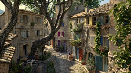 A charming Provencal village with narrow winding streets, stone houses adorned with colorful shutters, and a central square shaded by ancient plane trees.