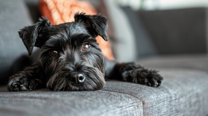 Plakat Closeup of a black mini schnauzer dog relaxing on a gray sofa in a cozy living room setting Relationship with pets depicted
