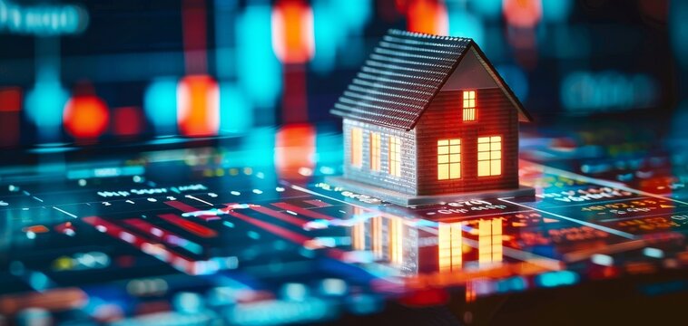 Digital chart of mortgage interest rates with a house model and calculator, precise financial planning