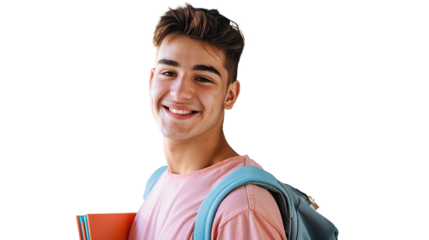 Student guy smiling while holding exercise books isolated transparent on white.