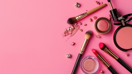 Naklejka premium Makeup products on pink background flat lay Beauty blogging concept