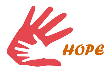 Conceptual banner for helping children. The hand of an adult with the small palm of a child, a symbol of help and salvation for children all over the world. Volunteer background vector template.