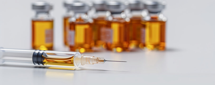 Close-up of four vials filled with a yellow liquid, representing testosterone, trenbolone, and nandrolone steroids, alongside a syringe 