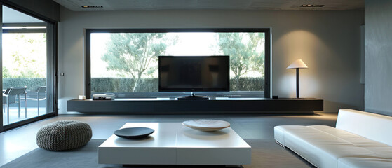 Fototapeta premium Contemporary Minimalist Living Room with Stylish TV Stand and Simple Decor