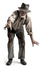 A man in a hat and overalls is reaching out with his hands