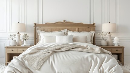 White wooden king bed with bedside tables and lamps on white backdrop