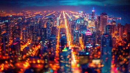 Fototapeta premium A city skyline at night, with glittering lights from buildings and streets creating a colorful urban scene.