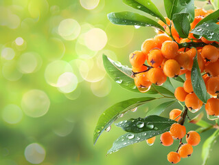 Juicy ripe sea buckthorn berries in droplets of water. Neural network AI generated art