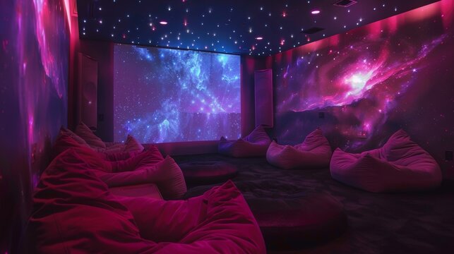 A chillout room with plush bean bag chairs and projections of peaceful nebulas and galaxies.