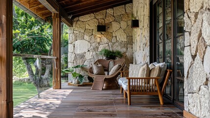 Obraz premium Porch with comfy chairs and pillows against wood and stone wall