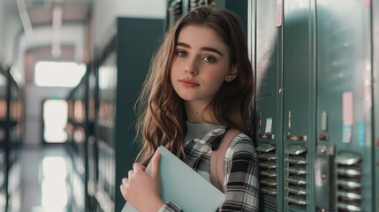 Education concept, library, students. Girl high school student at school with textbooks in hands