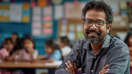 Obraz premium Indian teacher in school on classroom background, education, high school and multiethnic people concept