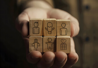 Mediation concept. Mediation between married couples, divorce, and the role of the mediator. Wooden block with icons of woman and man and mediation design