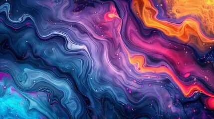 Vibrant fluid art bursts flat design, top view, technology theme, animation, Splitcomplementary color scheme.,