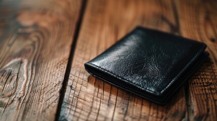 Concept of finance investment and wealth displayed with black leather wallet on wooden table