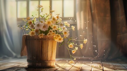 Flowers in wooden bucket with soft lighting and focus