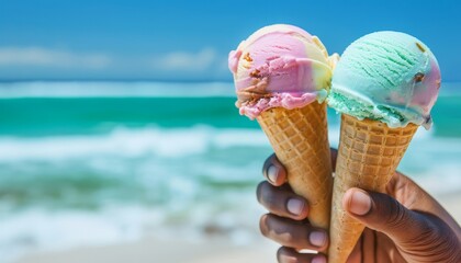 Enjoying Colorful Ice Cream Cones at the Beach on a Sunny Day