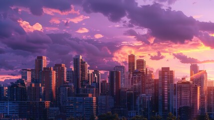 Fototapeta premium A city skyline at sunset, with the last rays of sunlight painting the buildings in warm hues against a purple sky.