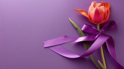 Tulip and ribbon on purple backdrop room for text Menopause theme