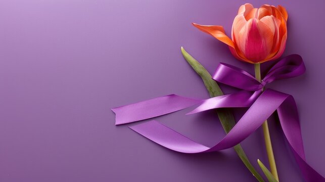 Tulip and ribbon on purple backdrop room for text Menopause theme