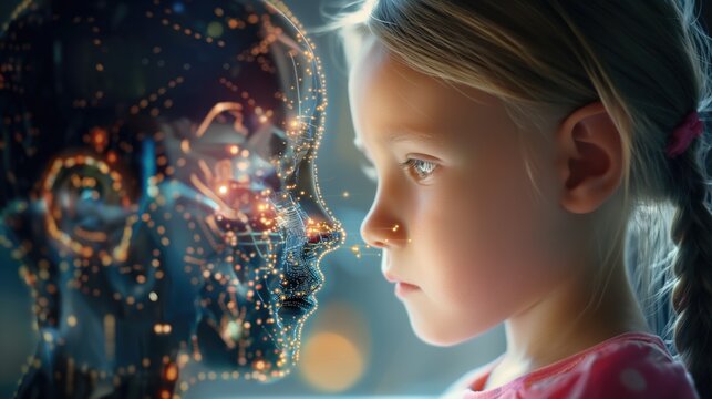 Little caucasian preschool or primary school girl talking to futuristic digital overlay Artificial intelligence virtual reality chatbot technology as new way of learning concept