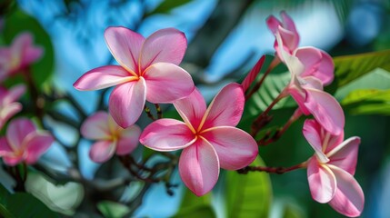 Fototapeta premium Pink Plumeria blossoms on tree
