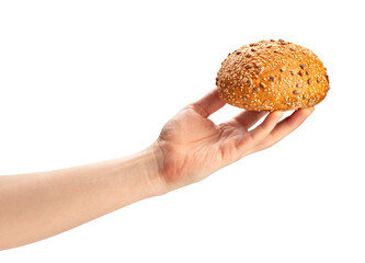 bread bun in hand path isolated on white