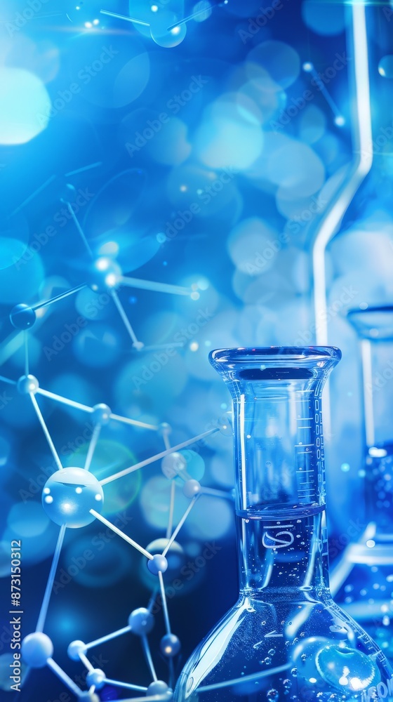 Poster close-up of glass flasks with molecular structures in the background. scientific research in a labor