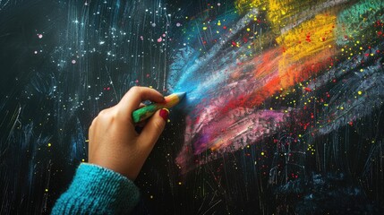 Left handed person with chalk on black background