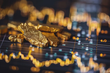Gold bars and coins on the background of the financial chart. Business concept.