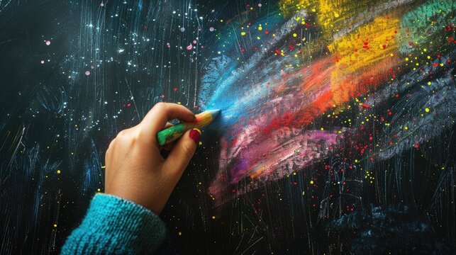 Left handed person with chalk on black background