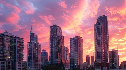 Fototapeta premium A city skyline at sunset, with the sky ablaze in shades of pink and orange behind tall city buildings.