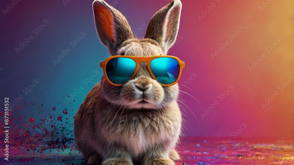 Wall mural a rabbit wearing orange sunglasses sits on a purple background.