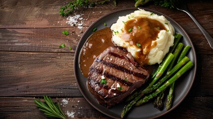 Steak, mashed potatoes, gravy, and asparagus on a rustic wooden table, isolated background, professional studio lighting, dark backdrop