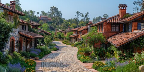 Obraz premium Captivating Hillside Village - Charming Cobblestone Streets Amid Vibrant Foliage