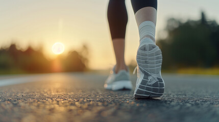 Close-up a runner's ankle wrapped in bandages, taken at sunrise on an empty road, highlighting resilience and recovery.