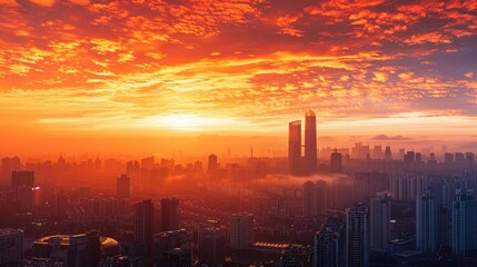 A city skyline at sunset, with the sky ablaze in shades of orange and red behind tall city buildings.