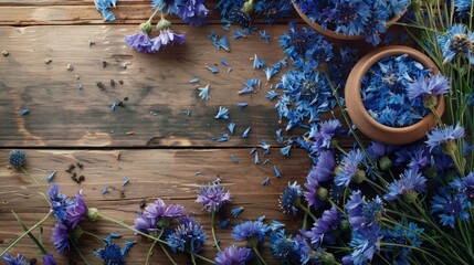 Display of dried cornflower tea and fresh flowers on wooden surface with room for text