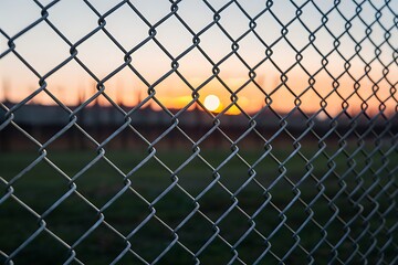 Fototapeta premium A closeup view of a chain link fence with the setting sun and silhouettes of trees and buildings visible through the mesh.