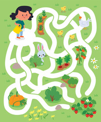 Vector colorful maze, labyrinth for children with cartoon garden. Kids maze with way passing through the farm with vegetables. Puzzle game. The girl is watering the strawberry beds.