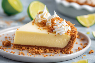 A slice of lime pie with whipped cream and crumbs on top