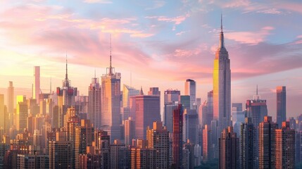 Fototapeta premium A city skyline at sunset, with the last rays of sunlight painting the skyscrapers in warm shades of pink and gold.