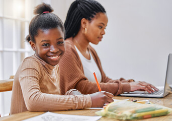 Black family, student and mother for remote work in portrait, girl and writing notes on lesson. Mommy, laptop and online freelance at table or daughter for education and study, assignment and home